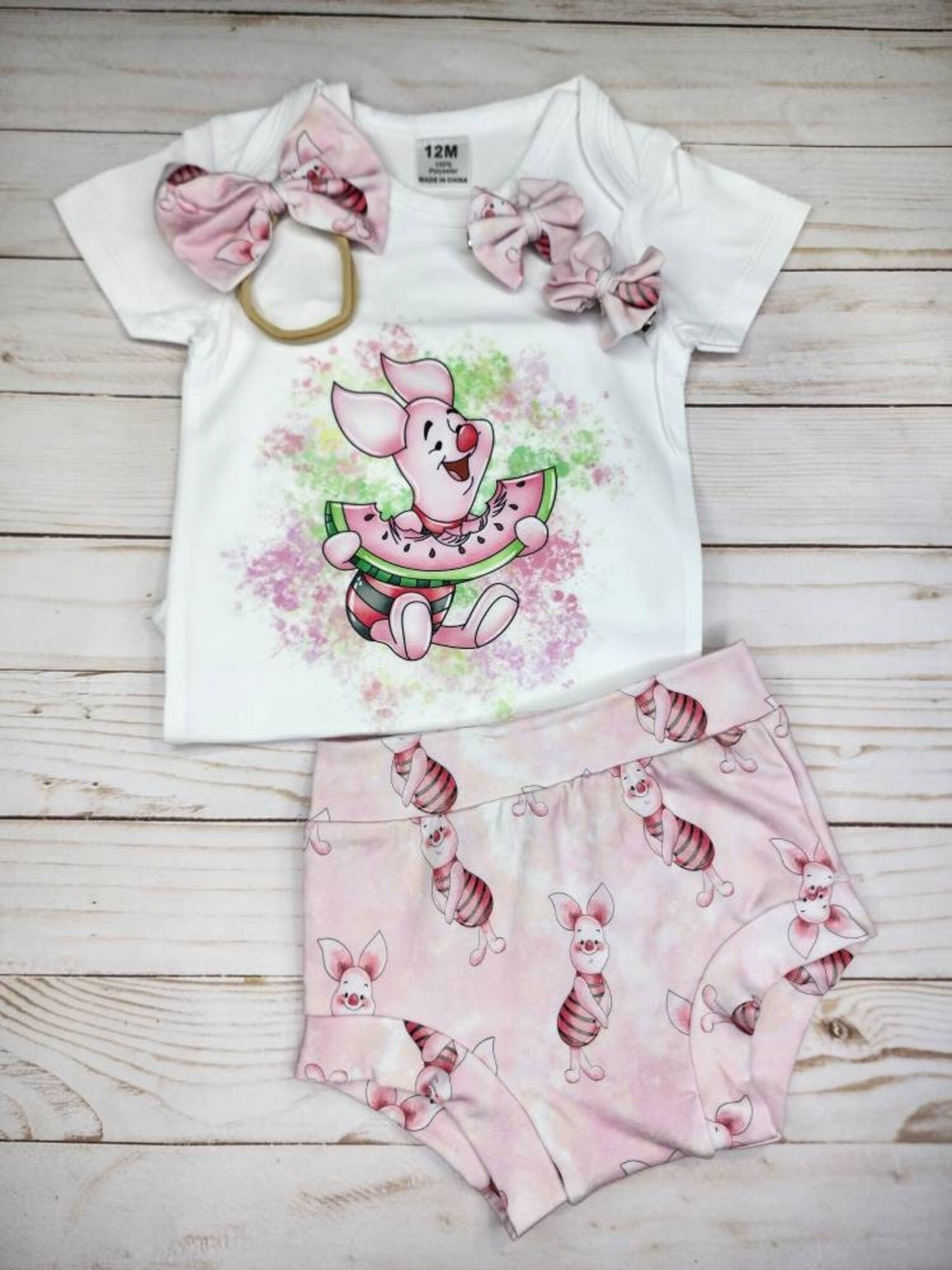 (Custom Design Preorder MOQ 5) Cartoon Pig Pink Print Baby Girls Summer Bummie Set