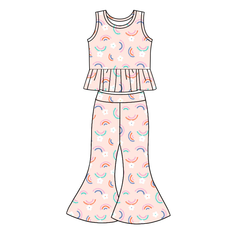 1.7(Custom Design Preorder MOQ 5) Rainbow Flowers Print Bell Pants Girls Clothes Set