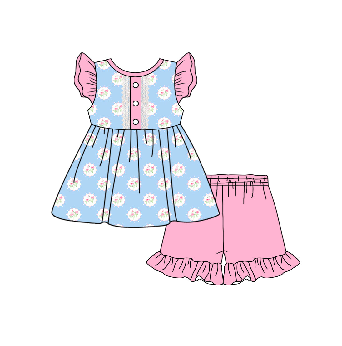 11.30(Custom Design Preorder MOQ 5) Blue Flowers Tunic Top Pink Shorts Girls Summer Clothes Set
