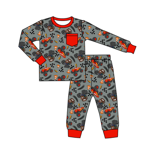 (Custom Design Preorder MOQ 5) Monster Trucks Print Pants Kids Fall Pajamas Clothes Set