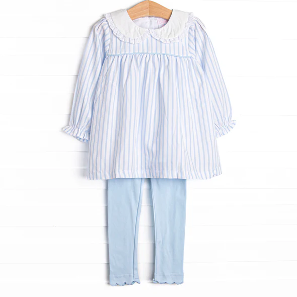 (Custom Design Preorder MOQ 5) Stripes Tunic Top Blue Legging Pants Girls Clothes Set