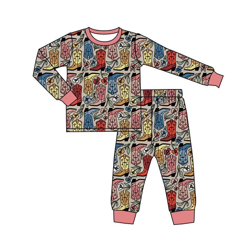 (Custom Design Preorder MOQ 20) Boots Flowers Print Girls Western Bamboo Pajamas Clothes Set