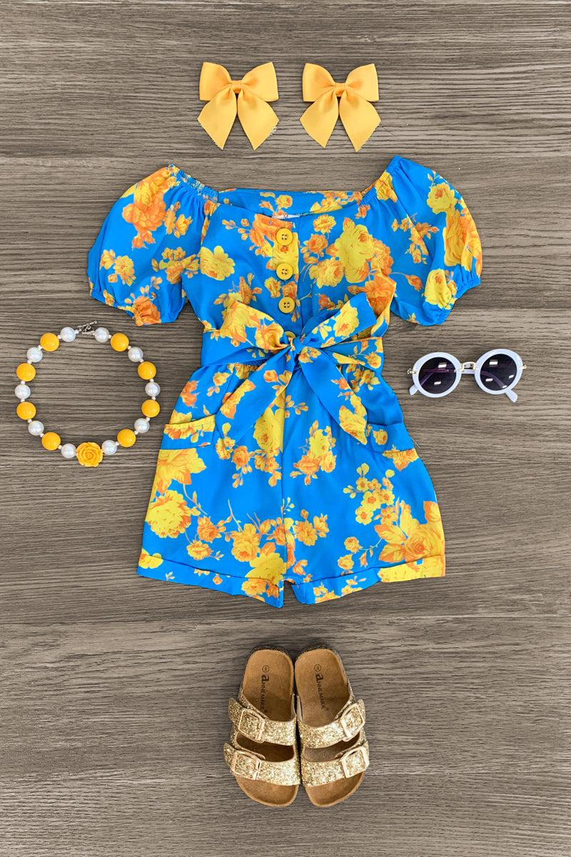 (Custom Design Preorder MOQ 5) Orange Flowers Blue Print Girls Summer Jumpsuits