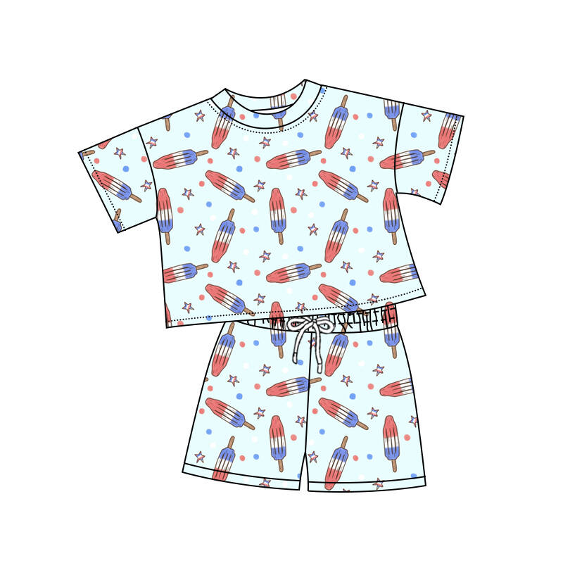 (Custom Design Preorder MOQ 5) Popsicle Stars Print Kids 4th of July Clothes Set