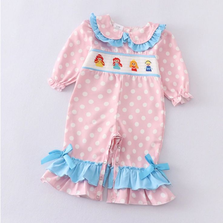 (Custom Design Preorder MOQ 5) Pink Dots Cartoon Princess Print Baby Girls Romper