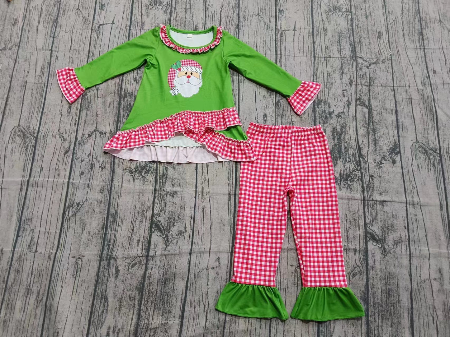 (Custom Design Preorder MOQ 5) Santa Green Tunic Top Plaid Pants Girls Christmas Clothes Set