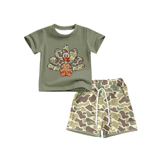 (Custom Design Preorder MOQ 5) Turkey Top Green Camo Shorts Boys Thanksgiving Clothes Set