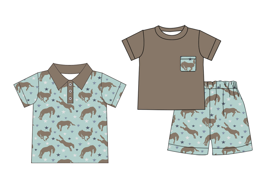 3.31(Custom Design Preorder MOQ 5 Each Design) Horse Stars Print Boys Summer Matching Clothes Brothers Wear