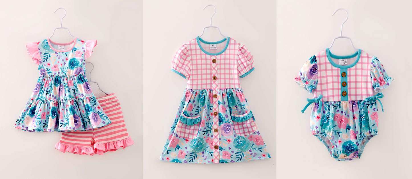 (Custom Design Preorder MOQ 5 Each Design) Blue Flowers Pink Plaid Print Girls Summer Matching Clothes Sisters Wear
