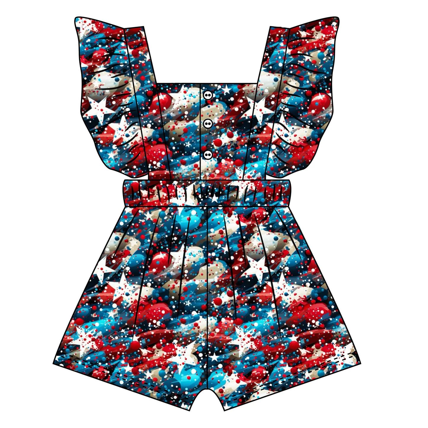 (Custom Design Preorder MOQ 5) Stars Tie-dye Print Girls 4th of July Jumpsuits