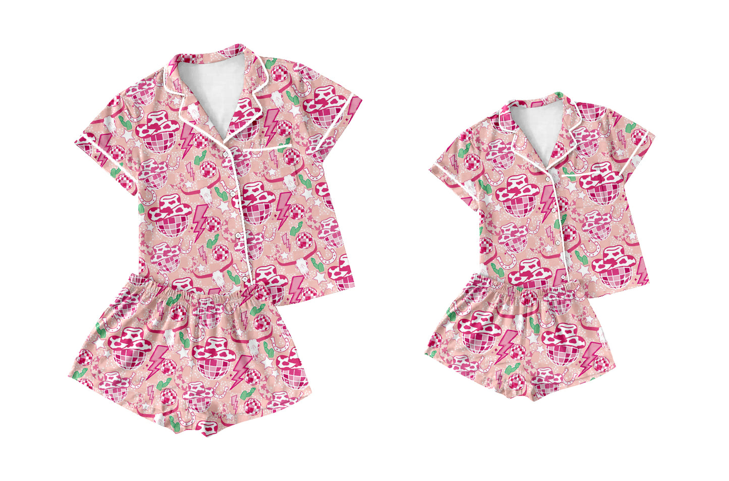 5.6(Custom Design Preorder MOQ 5 Each Design) Cow Skull Stars Pink Print Buttons Pajamas Sets Mom and Me Summer Western Matching Clothes