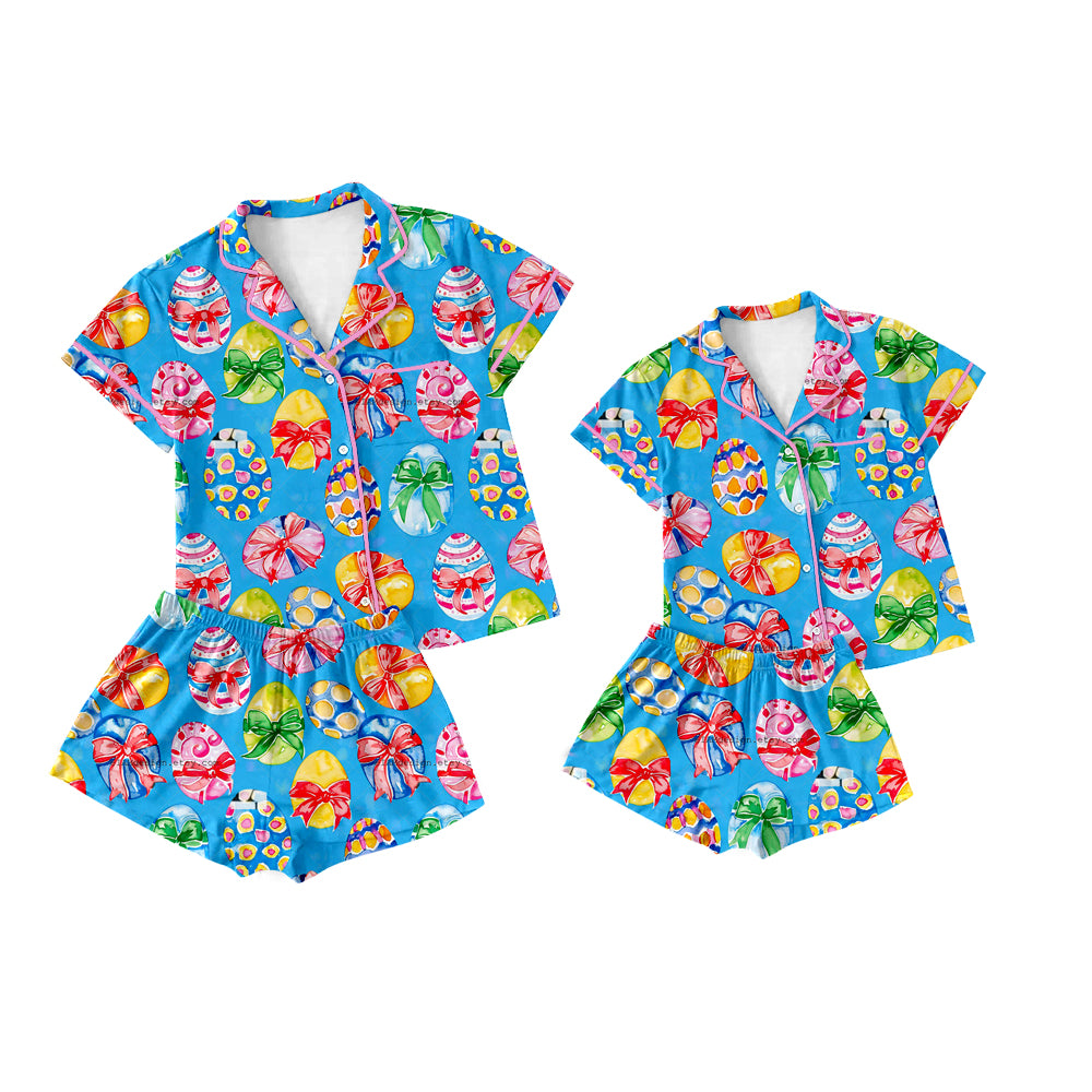12.12(Custom Design Preorder MOQ 5 Each Design) Colorful Eggs Print Buttons Pajamas Sets Mom and Me Easter Matching Clothes