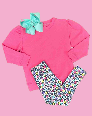 (Custom Design Preorder MOQ 5) Hot Pink Top Colorful Leopard Legging Pants Girls Clothes Set