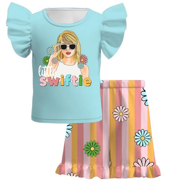 (Custom Design Preorder MOQ 5) Singer Swfite Blue Top Stripes Shorts Girls Summer Clothes Set