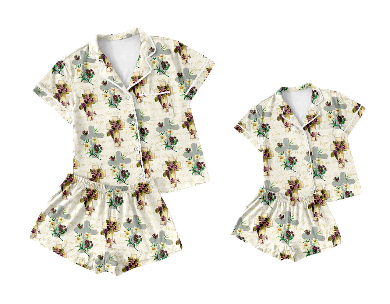 11.29(Custom Design Preorder MOQ 5 Each Design) Cross Flowers Print Buttons Pajamas Sets Mom and Me Easter Matching Clothes