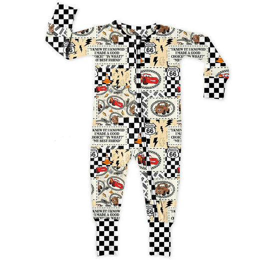 (Custom Design Preorder MOQ 5)  Cartoon Cars Print Baby Fall Sleeper Zipper Romper