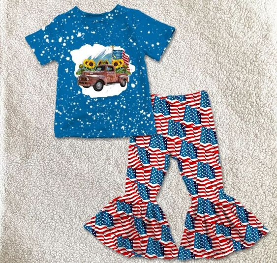 (Custom Design Preorder MOQ 5) Truck Sunflowers Top Flags Bell Pants Girls 4th of July Clothes Set
