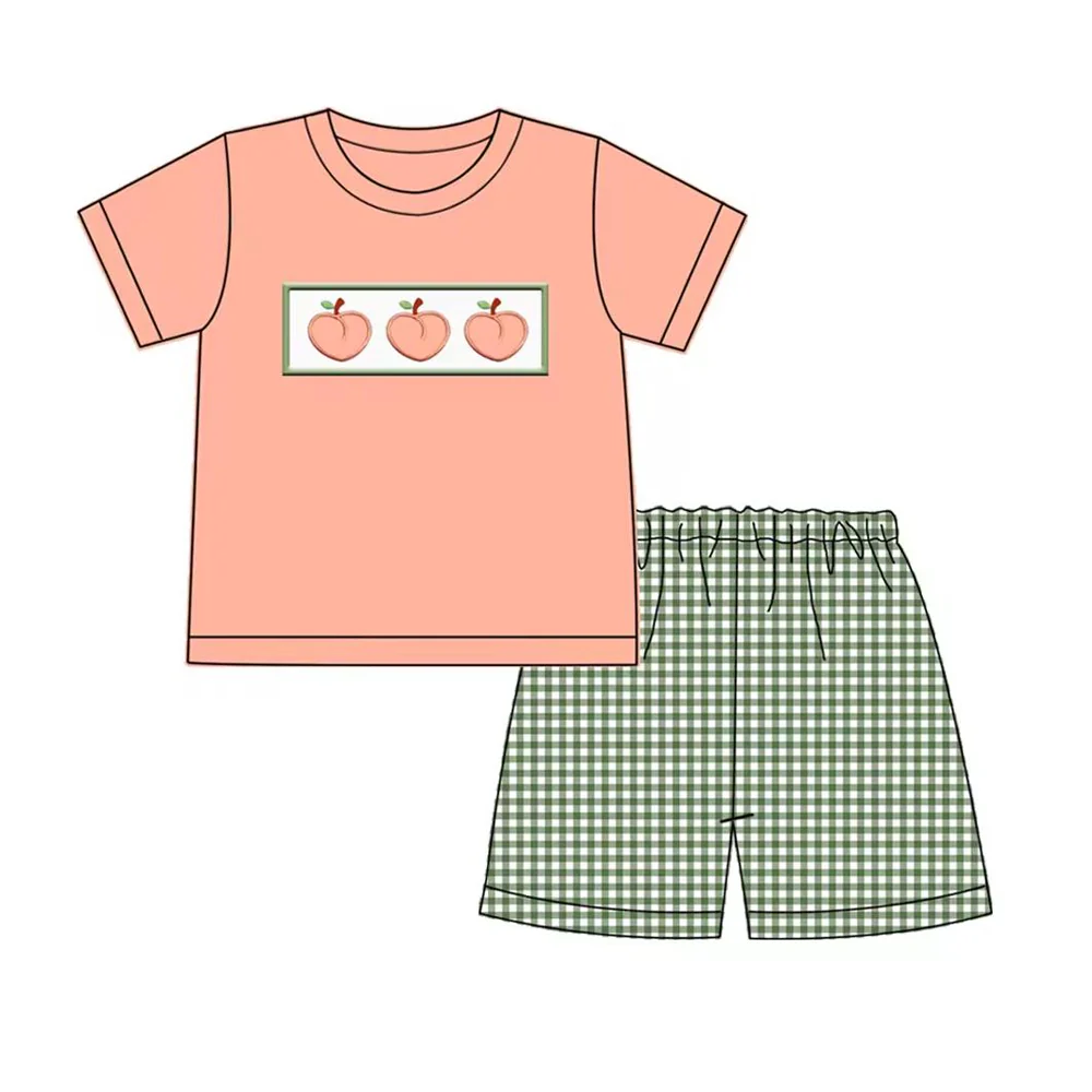 (Custom Design Preorder MOQ 5) Peach Top Green Plaid Shorts Boys Clothes Set