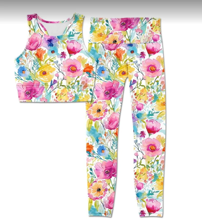 (Custom Design Preorder MOQ 5) Adult Colorful Flowers Print Woman Yoga Clothes Set