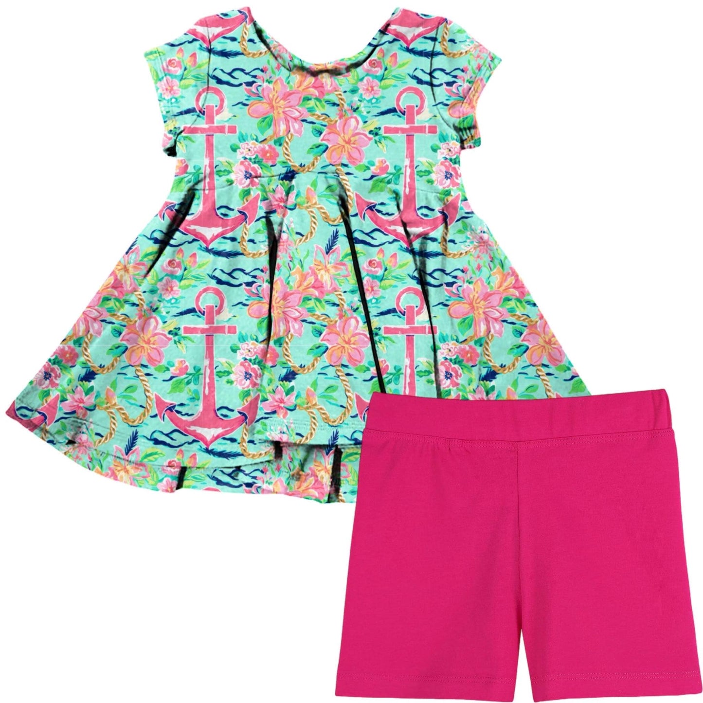 (Custom Design Preorder MOQ 5) Anchor Tunic Top Hotpink Shorts Girls Summer Clothes Set