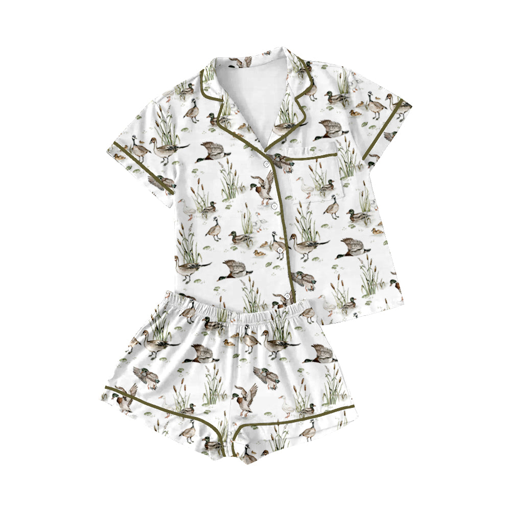(Custom Design Preorder MOQ 5) Duck Print Kids Summer Buttons Pajamas Clothes Set