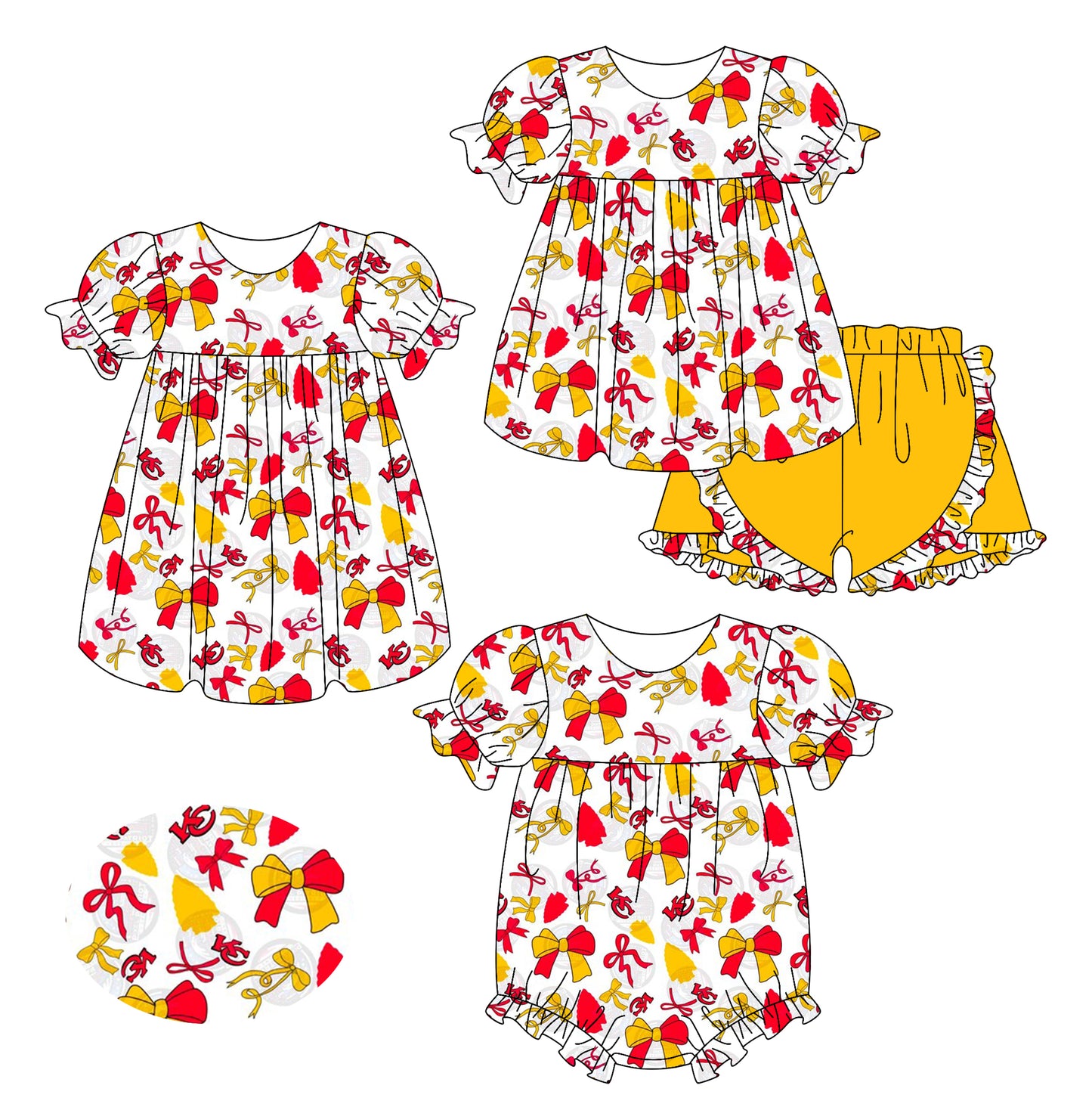 2.24(Custom Design Preorder MOQ 5 Each Design) Team's Chiefs KC Bows White Print Girls Summer Matching Clothes Sisters Wear