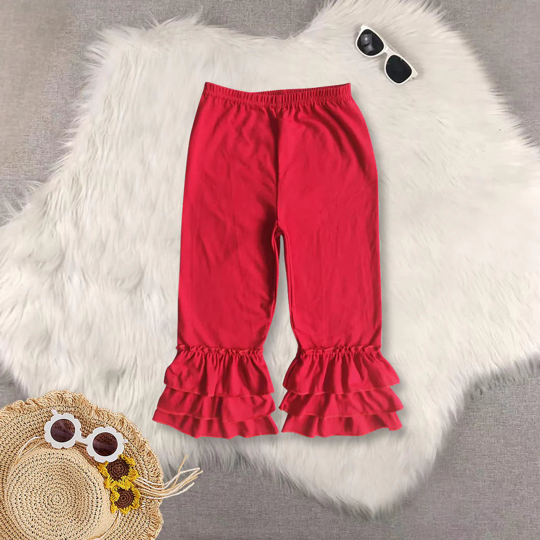 Ruffles Solid Color Girls Cotton Pants Sisters Wear