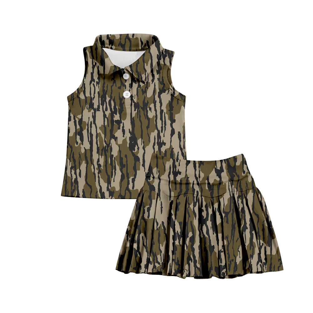 (Custom Design Preorder MOQ 5) Green Camo Print Shorts Skirts Girls Summer Yoga Clothes Set