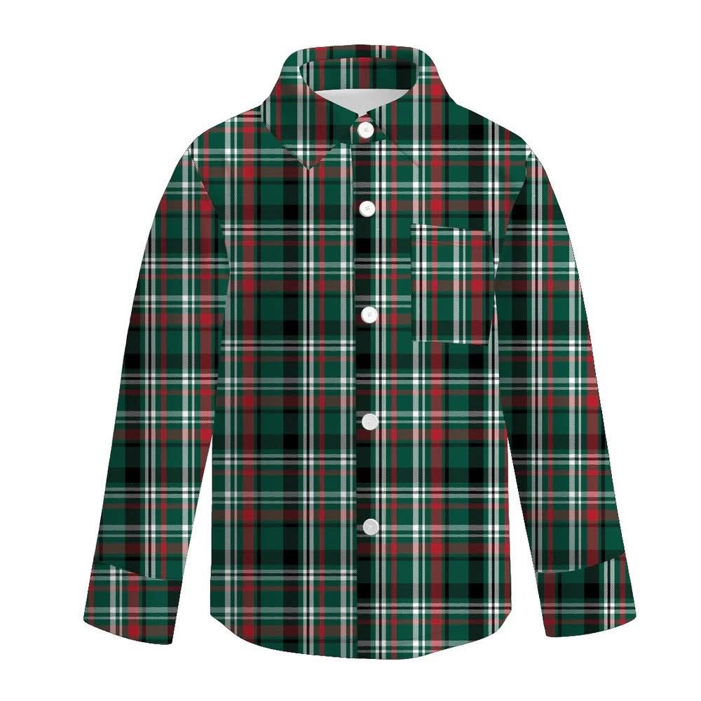 (Custom Design Preorder MOQ 5 ) Green Plaid Print Boys Christmas Long Sleeve Tee Shirts Top