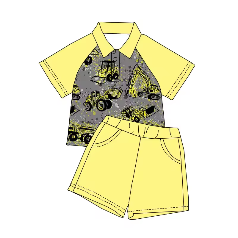 (Custom Design Preorder MOQ 5) Digger Polo Top Yellow Shorts Boys Summer Clothes Set