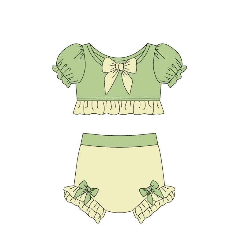 2.25(Custom Design Preorder MOQ 5) Cartoon Princess Green Yellow Color Girls 2 Piece Swimsuits