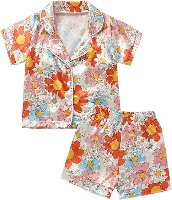 (Custom Design Preorder MOQ 5) Colorful Flowers Print Girls Summer Pajamas Clothes Set