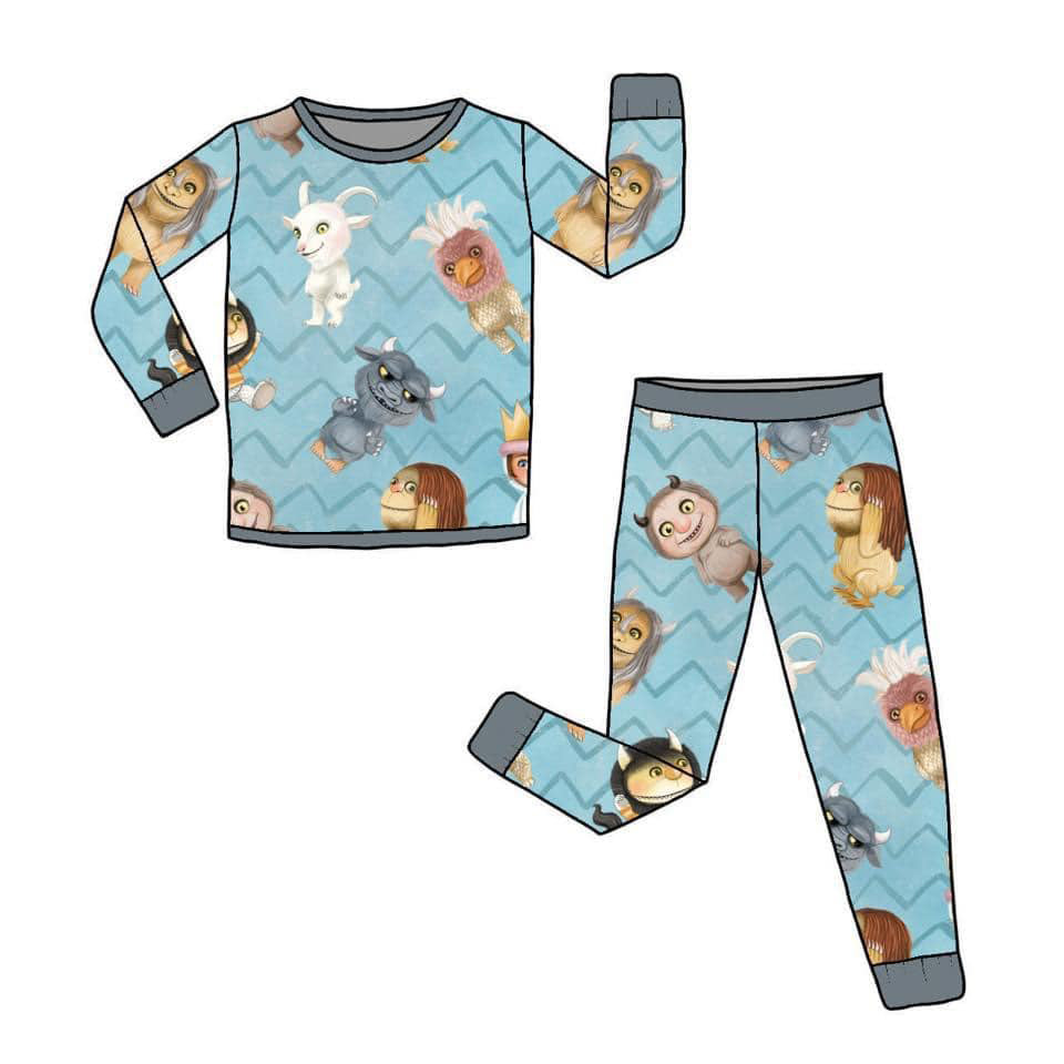(Custom Design Preorder MOQ 5) Monster Print Boys Halloween Pajamas Clothes Set