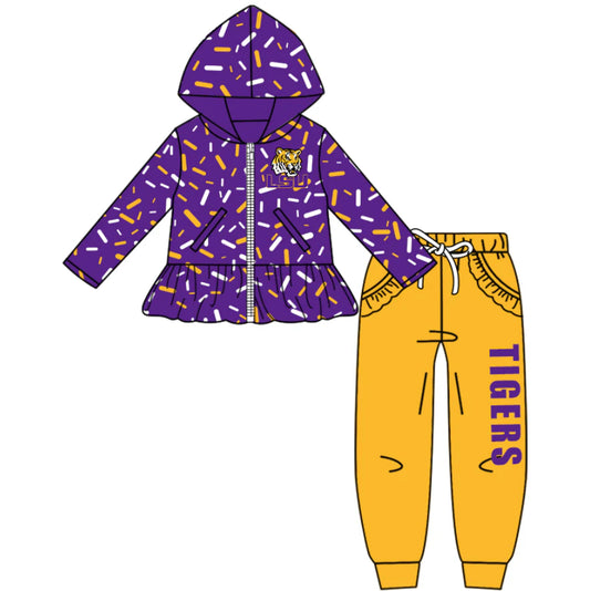 (Custom Design Preorder MOQ 5) Team's LSU Tigers Sprinkles Print Hoodie Zipper Top Pockets Pants Girls Fall Clothes Set