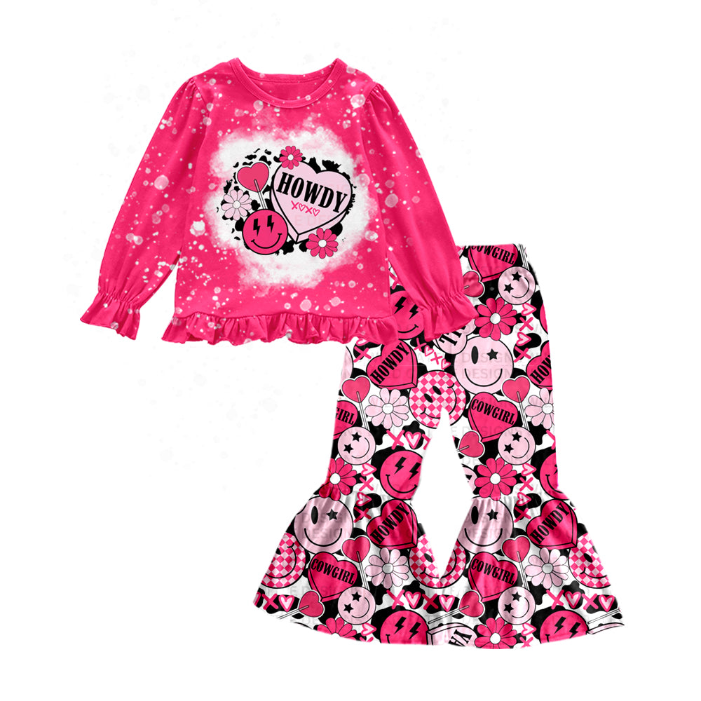 (Custom Design Preorder MOQ 5) Howdy XOXO Flowers Smiling Face Print Girls Valentine's Clothes Set