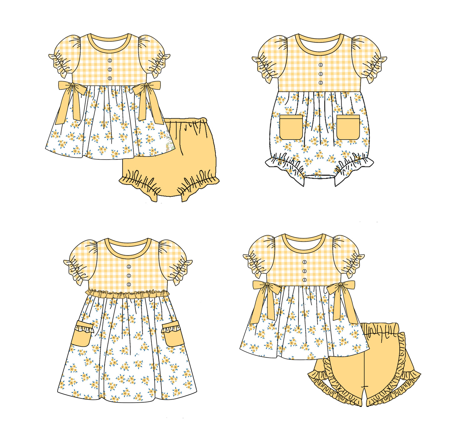 11.18(Custom Design Preorder MOQ 5 Each Design) Small Flowers Yellow Print Girls Summer Matching Clothes Sibling Wear