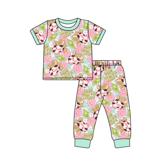 (Custom Design Preorder MOQ 20) Cows Flowers Print Girls Western Pajamas Bamboo Clothes Set