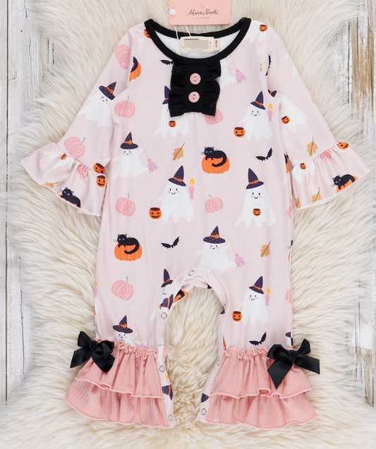 (Custom Design Preorder MOQ 5) Spooky Pumpkin Pink Print Baby Girls Halloween Romper