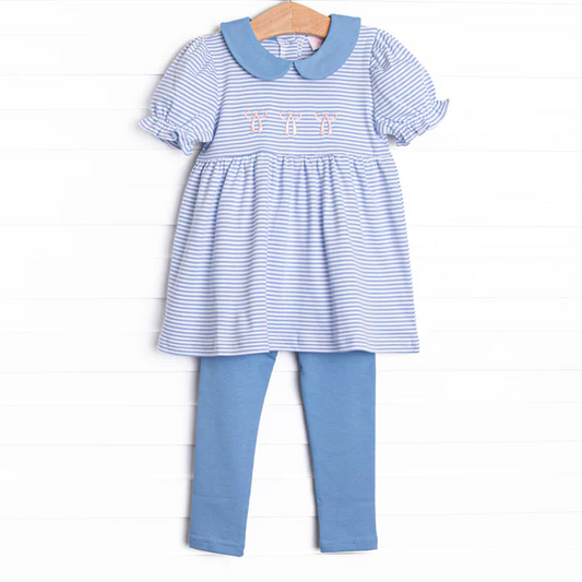 (Custom Design Preorder MOQ 5) Stripes Tunic Top Blue Legging Pants Girls Clothes Set
