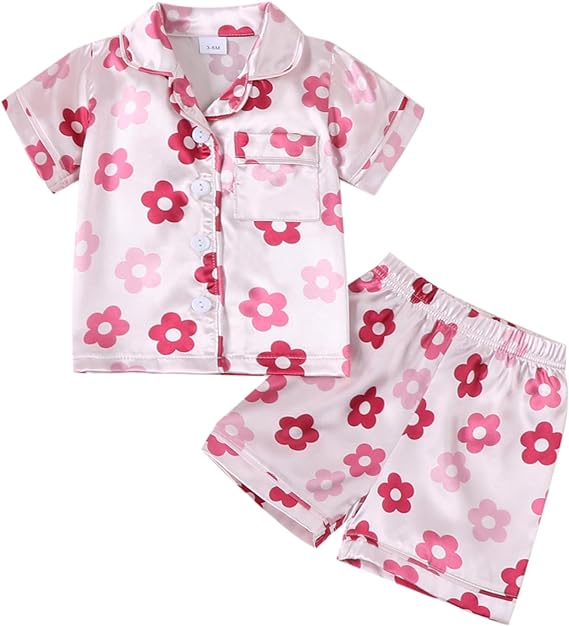 (Custom Design Preorder MOQ 5) Pink Flowers Print Girls Summer Pajamas Clothes Set