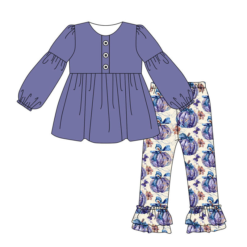 (Custom Design Preorder MOQ 5) Purple Top Pumpkin Pants Girls Fall Clothes Set