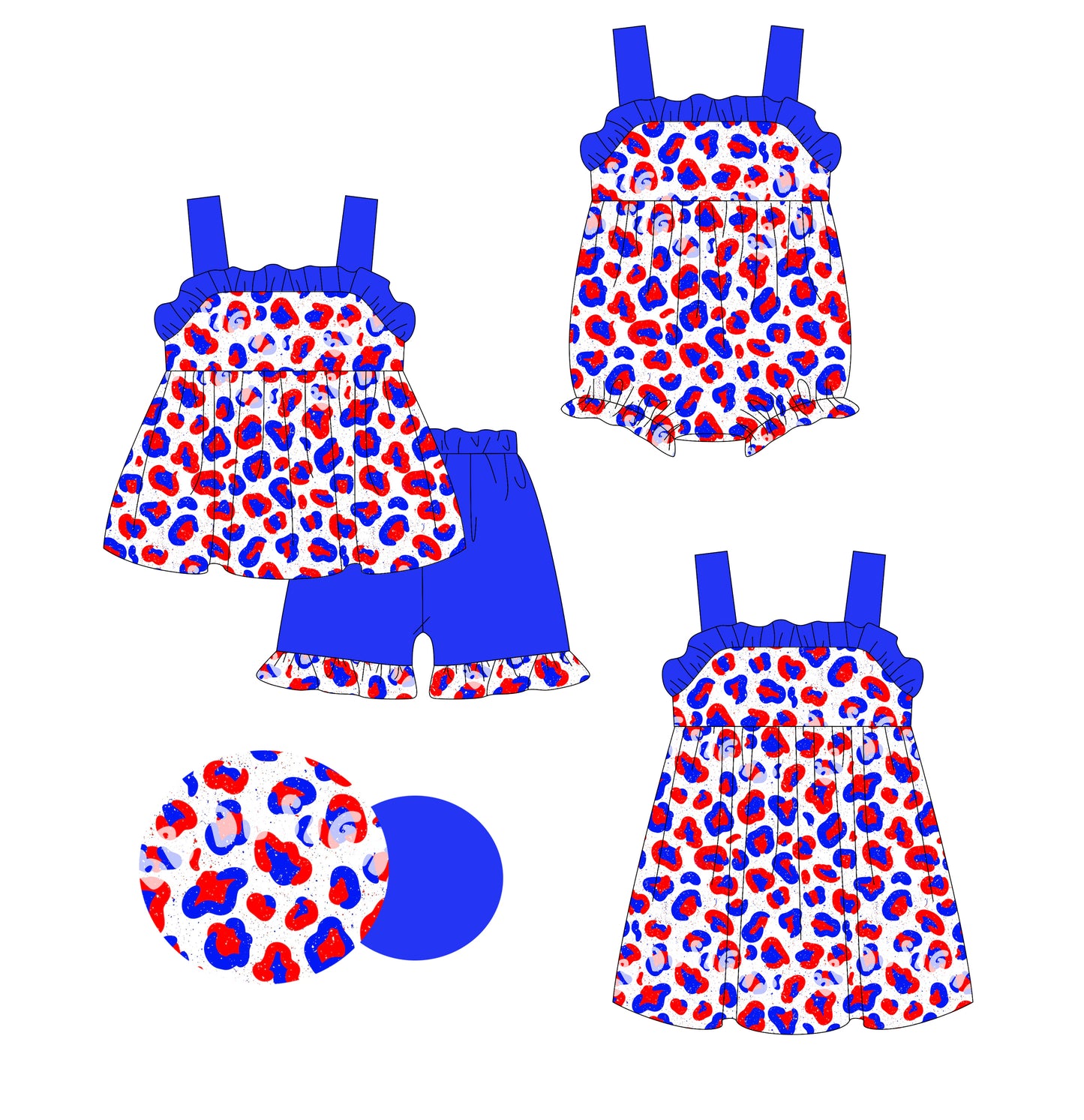 3.6(Custom Design Preorder MOQ 5 Each Design) Red Blue Leopard Print Girls 4th of July Matching Clothes Sisters Wear