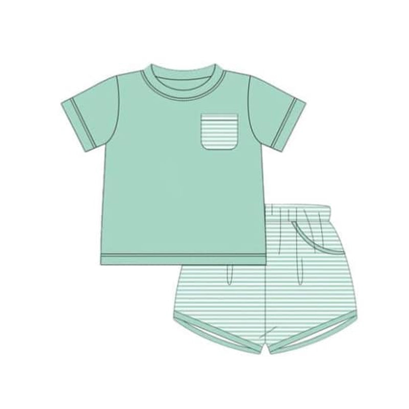 (Custom Design Preorder MOQ 5) Green Pocket Top Stripes Shorts Boys Summer Clothes Set