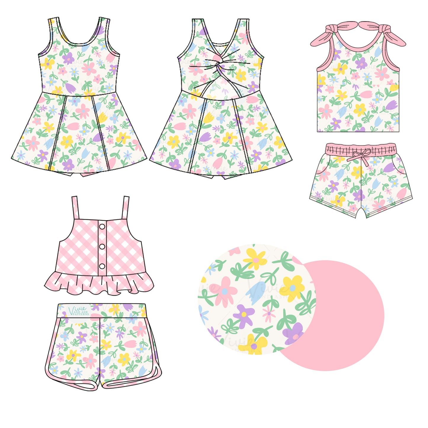 2.7(Custom Design Preorder MOQ 5 Each Design) Colorful Flowers Pink Plaid Print Girls Summer Matching Clothes Sisters Wear