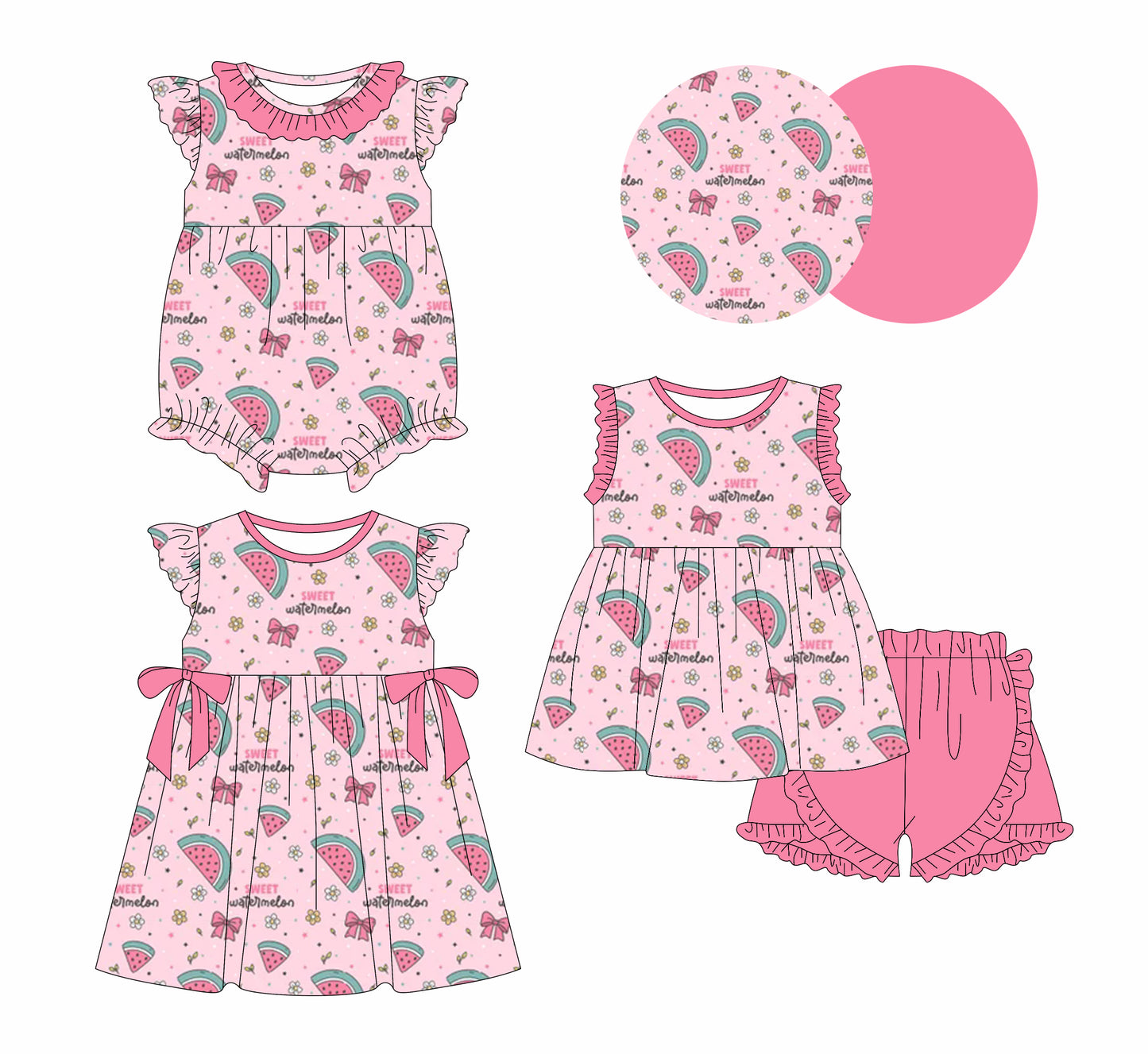 1.6(Custom Design Preorder MOQ 5 Each Design) Watermelon Flowers Print Girls Summer Matching Clothes Sisters Wear