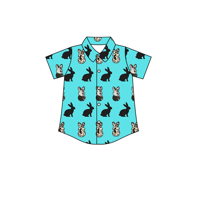 (Custom Design Preorder MOQ 5) Blue Bunny Print Boys Easter Tee Shirts Top