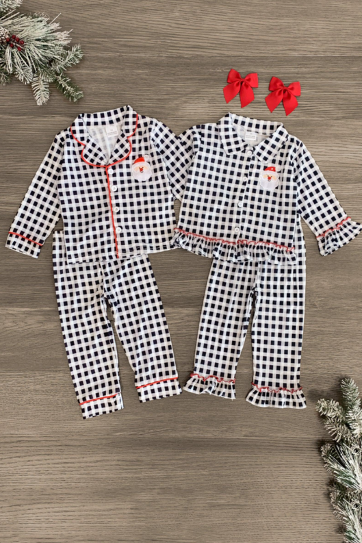 (Custom Design MOQ 5) Black Plaid Santa Print Girls Button Pajamas Clothes Set