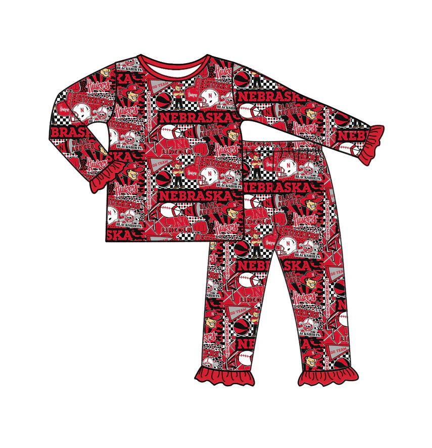 (Custom Design Preorder MOQ 5) Team's NEBRASKA Red Print Girls Pajamas Clothes Set