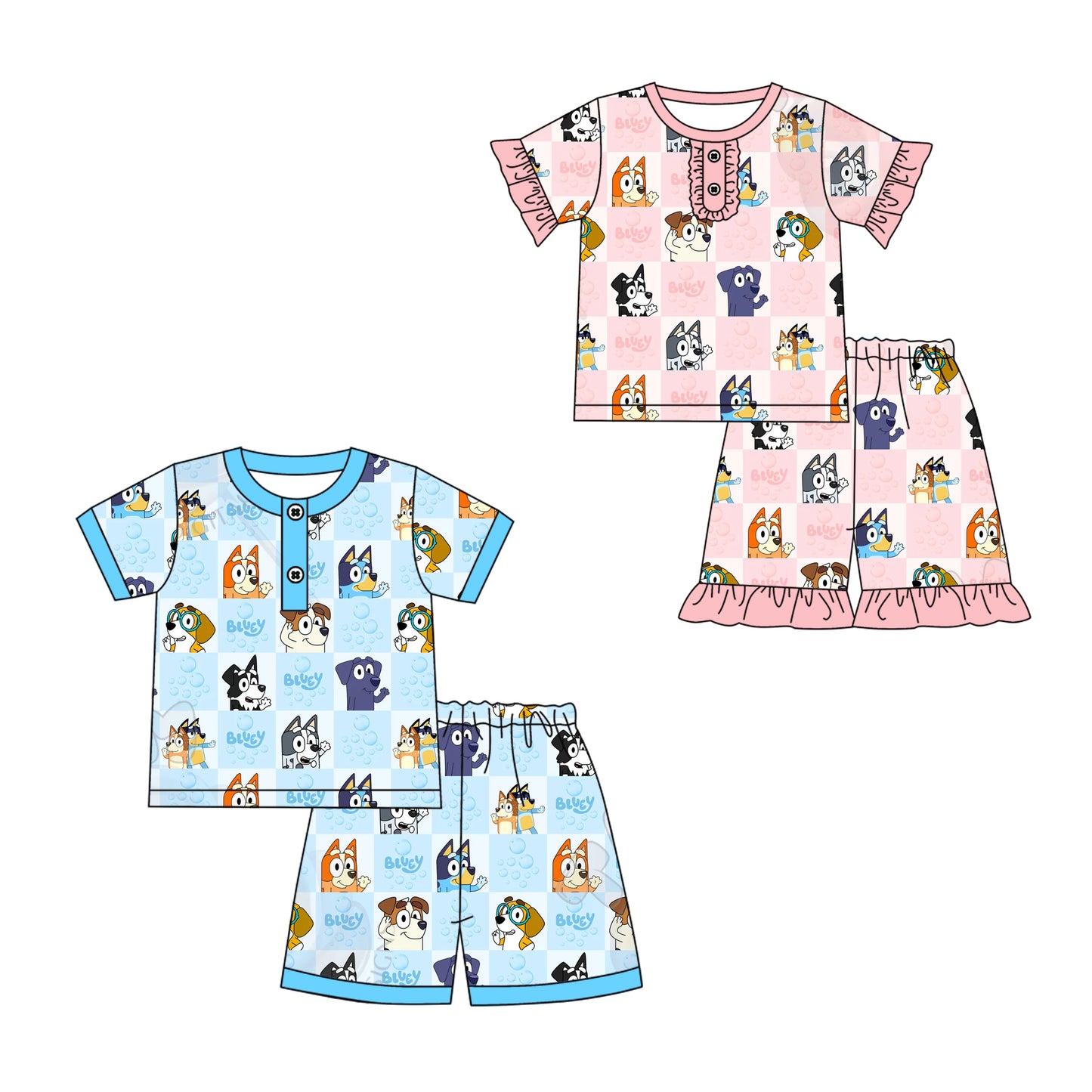 2.7(Custom Design Preorder MOQ 5 Each Design) Cartoon Dog Plaid Print Kids Summer Pajamas Matching Clothes Sibling Wear