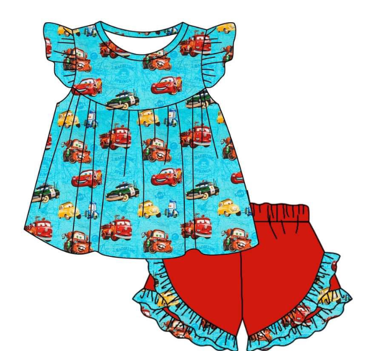 (Custom Design Preorder MOQ 5) Cartoon Cars Print Girls Summer Clothes Set